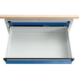 Otto Kind Breitfachwerkbank Typ 405, Buche Multiplexplatte, bis 1.200 kg, B 1524 x T 750 x H 850 mm, Stahl, Zentralverschluss, lichtgrau/enzianblau
