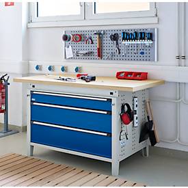 Otto Kind Breitfachwerkbank Typ 405, Buche Multiplexplatte, bis 1.200 kg, B 1524 x T 750 x H 850 mm, Stahl, Zentralverschluss, lichtgrau/enzianblau