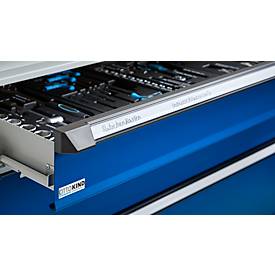 Otto Kind Breitfachwerkbank Typ 405, Buche Multiplexplatte, bis 1.200 kg, B 1524 x T 750 x H 850 mm, Stahl, Zentralverschluss, lichtgrau/enzianblau