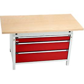 Otto Kind Breitfachwerkbank Typ 405, Buche Multiplexplatte, bis 1.200 kg, B 1524 x T 750 x H 850 mm, Stahl, Zentralverschluss, lichtgrau/feuerrot
