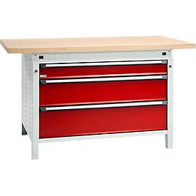 Otto Kind Breitfachwerkbank Typ 405, Buche Multiplexplatte, bis 1.200 kg, B 1524 x T 750 x H 850 mm, Stahl, Zentralverschluss, lichtgrau/feuerrot