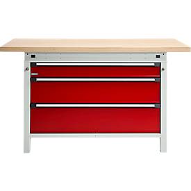Otto Kind Breitfachwerkbank Typ 405, Buche Multiplexplatte, bis 1.200 kg, B 1524 x T 750 x H 850 mm, Stahl, Zentralverschluss, lichtgrau/feuerrot