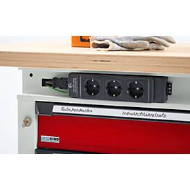 Otto Kind Breitfachwerkbank Typ 405, Buche Multiplexplatte, bis 1.200 kg, B 1524 x T 750 x H 850 mm, Stahl, Zentralverschluss, lichtgrau/feuerrot