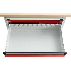 Otto Kind Breitfachwerkbank Typ 405, Buche Multiplexplatte, bis 1.200 kg, B 1524 x T 750 x H 850 mm, Stahl, Zentralverschluss, lichtgrau/feuerrot
