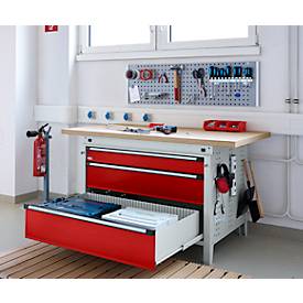 Otto Kind Breitfachwerkbank Typ 405, Buche Multiplexplatte, bis 1.200 kg, B 1524 x T 750 x H 850 mm, Stahl, Zentralverschluss, lichtgrau/feuerrot