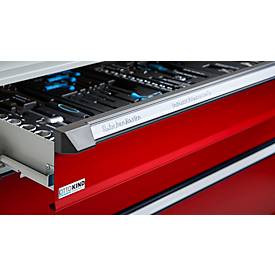 Otto Kind Breitfachwerkbank Typ 405, Buche Multiplexplatte, bis 1.200 kg, B 1524 x T 750 x H 850 mm, Stahl, Zentralverschluss, lichtgrau/feuerrot
