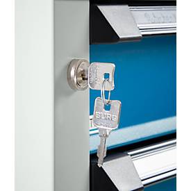 Otto Kind Breitfachwerkbank Typ 405, Buche Multiplexplatte, bis 1.200 kg, B 1524 x T 750 x H 850 mm, Stahl, Zentralverschluss, lichtgrau/lichtblau