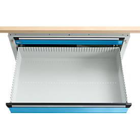Otto Kind Breitfachwerkbank Typ 405, Buche Multiplexplatte, bis 1.200 kg, B 1524 x T 750 x H 850 mm, Stahl, Zentralverschluss, lichtgrau/lichtblau