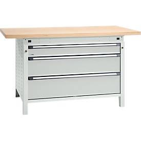 Otto Kind Breitfachwerkbank Typ 405, Buche Multiplexplatte, bis 1.200 kg, B 1524 x T 750 x H 850 mm, Stahl, Zentralverschluss, lichtgrau/lichtgrau