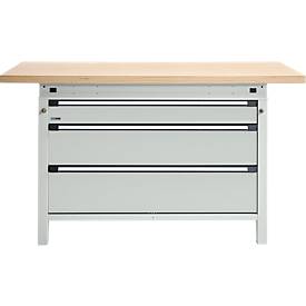 Otto Kind Breitfachwerkbank Typ 405, Buche Multiplexplatte, bis 1.200 kg, B 1524 x T 750 x H 850 mm, Stahl, Zentralverschluss, lichtgrau/lichtgrau