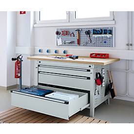 Otto Kind Breitfachwerkbank Typ 405, Buche Multiplexplatte, bis 1.200 kg, B 1524 x T 750 x H 850 mm, Stahl, Zentralverschluss, lichtgrau/lichtgrau