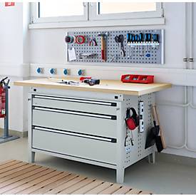 Otto Kind Breitfachwerkbank Typ 405, Buche Multiplexplatte, bis 1.200 kg, B 1524 x T 750 x H 850 mm, Stahl, Zentralverschluss, lichtgrau/lichtgrau
