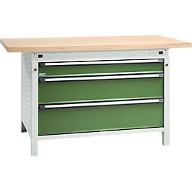 Otto Kind Breitfachwerkbank Typ 405, Buche Multiplexplatte, bis 1.200 kg, B 1524 x T 750 x H 850 mm, Stahl, Zentralverschluss, lichtgrau/resedagrün