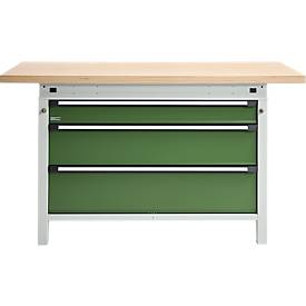 Otto Kind Breitfachwerkbank Typ 405, Buche Multiplexplatte, bis 1.200 kg, B 1524 x T 750 x H 850 mm, Stahl, Zentralverschluss, lichtgrau/resedagrün