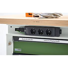 Otto Kind Breitfachwerkbank Typ 405, Buche Multiplexplatte, bis 1.200 kg, B 1524 x T 750 x H 850 mm, Stahl, Zentralverschluss, lichtgrau/resedagrün