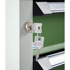 Otto Kind Breitfachwerkbank Typ 405, Buche Multiplexplatte, bis 1.200 kg, B 1524 x T 750 x H 850 mm, Stahl, Zentralverschluss, lichtgrau/resedagrün