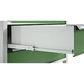 Otto Kind Breitfachwerkbank Typ 405, Buche Multiplexplatte, bis 1.200 kg, B 1524 x T 750 x H 850 mm, Stahl, Zentralverschluss, lichtgrau/resedagrün