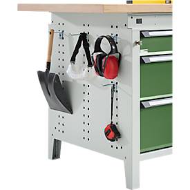Otto Kind Breitfachwerkbank Typ 405, Buche Multiplexplatte, bis 1.200 kg, B 1524 x T 750 x H 850 mm, Stahl, Zentralverschluss, lichtgrau/resedagrün