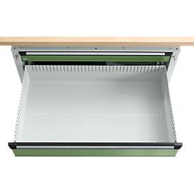 Otto Kind Breitfachwerkbank Typ 405, Buche Multiplexplatte, bis 1.200 kg, B 1524 x T 750 x H 850 mm, Stahl, Zentralverschluss, lichtgrau/resedagrün