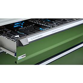 Otto Kind Breitfachwerkbank Typ 405, Buche Multiplexplatte, bis 1.200 kg, B 1524 x T 750 x H 850 mm, Stahl, Zentralverschluss, lichtgrau/resedagrün