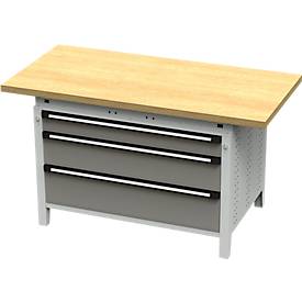 Otto Kind Breitfachwerkbank Typ 405, Buche Multiplexplatte, bis 1.200 kg, B 1524 x T 750 x H 850 mm, Stahl, Zentralverschluss, lichtgrau/staubgrau