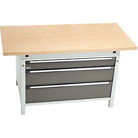 Otto Kind Breitfachwerkbank Typ 405, Buche Multiplexplatte, bis 1.200 kg, B 1524 x T 750 x H 850 mm, Stahl, Zentralverschluss, lichtgrau/staubgrau