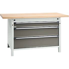 Otto Kind Breitfachwerkbank Typ 405, Buche Multiplexplatte, bis 1.200 kg, B 1524 x T 750 x H 850 mm, Stahl, Zentralverschluss, lichtgrau/staubgrau