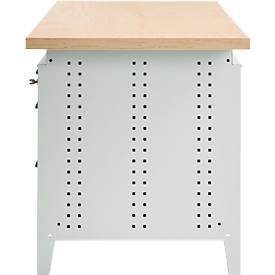 Otto Kind Breitfachwerkbank Typ 405, Buche Multiplexplatte, bis 1.200 kg, B 1524 x T 750 x H 850 mm, Stahl, Zentralverschluss, lichtgrau/staubgrau