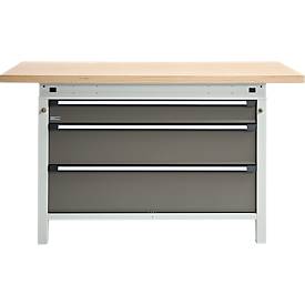 Otto Kind Breitfachwerkbank Typ 405, Buche Multiplexplatte, bis 1.200 kg, B 1524 x T 750 x H 850 mm, Stahl, Zentralverschluss, lichtgrau/staubgrau