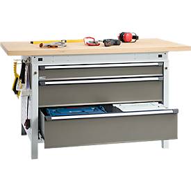 Otto Kind Breitfachwerkbank Typ 405, Buche Multiplexplatte, bis 1.200 kg, B 1524 x T 750 x H 850 mm, Stahl, Zentralverschluss, lichtgrau/staubgrau