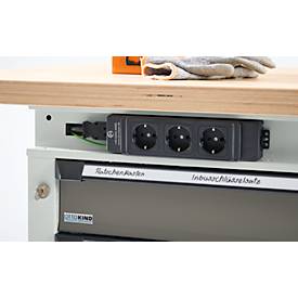 Otto Kind Breitfachwerkbank Typ 405, Buche Multiplexplatte, bis 1.200 kg, B 1524 x T 750 x H 850 mm, Stahl, Zentralverschluss, lichtgrau/staubgrau