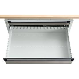 Otto Kind Breitfachwerkbank Typ 405, Buche Multiplexplatte, bis 1.200 kg, B 1524 x T 750 x H 850 mm, Stahl, Zentralverschluss, lichtgrau/staubgrau