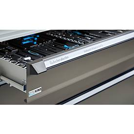 Otto Kind Breitfachwerkbank Typ 405, Buche Multiplexplatte, bis 1.200 kg, B 1524 x T 750 x H 850 mm, Stahl, Zentralverschluss, lichtgrau/staubgrau