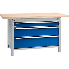 Otto Kind Breitfachwerkbank Typ 405, Buche Multiplexplatte, bis 1.200 kg, B 1524 x T 750 x H 850 mm, Stahl, Zentralverschluss, weißaluminium/enzianblau