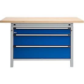 Otto Kind Breitfachwerkbank Typ 405, Buche Multiplexplatte, bis 1.200 kg, B 1524 x T 750 x H 850 mm, Stahl, Zentralverschluss, weißaluminium/enzianblau