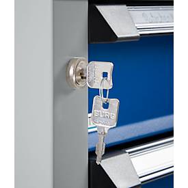 Otto Kind Breitfachwerkbank Typ 405, Buche Multiplexplatte, bis 1.200 kg, B 1524 x T 750 x H 850 mm, Stahl, Zentralverschluss, weißaluminium/enzianblau