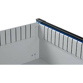 Otto Kind Breitfachwerkbank Typ 405, Buche Multiplexplatte, bis 1.200 kg, B 1524 x T 750 x H 850 mm, Stahl, Zentralverschluss, weißaluminium/enzianblau