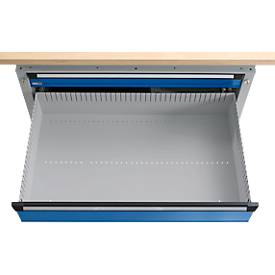 Otto Kind Breitfachwerkbank Typ 405, Buche Multiplexplatte, bis 1.200 kg, B 1524 x T 750 x H 850 mm, Stahl, Zentralverschluss, weißaluminium/enzianblau