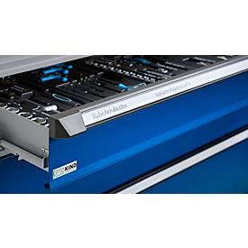 Otto Kind Breitfachwerkbank Typ 405, Buche Multiplexplatte, bis 1.200 kg, B 1524 x T 750 x H 850 mm, Stahl, Zentralverschluss, weißaluminium/enzianblau