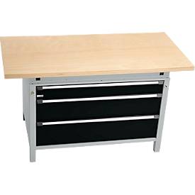 Otto Kind Breitfachwerkbank Typ 405, Buche Multiplexplatte, bis 1.200 kg, B 1524 x T 750 x H 850 mm, Stahl, Zentralverschluss, weißaluminium/tiefschwarz