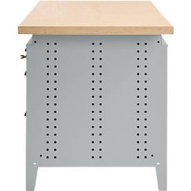 Otto Kind Breitfachwerkbank Typ 405, Buche Multiplexplatte, bis 1.200 kg, B 1524 x T 750 x H 850 mm, Stahl, Zentralverschluss, weißaluminium/tiefschwarz