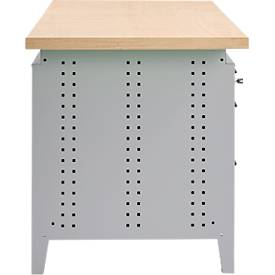 Otto Kind Breitfachwerkbank Typ 405, Buche Multiplexplatte, bis 1.200 kg, B 1524 x T 750 x H 850 mm, Stahl, Zentralverschluss, weißaluminium/tiefschwarz