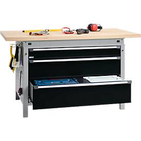 Otto Kind Breitfachwerkbank Typ 405, Buche Multiplexplatte, bis 1.200 kg, B 1524 x T 750 x H 850 mm, Stahl, Zentralverschluss, weißaluminium/tiefschwarz