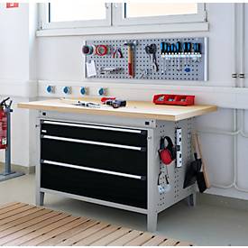 Otto Kind Breitfachwerkbank Typ 405, Buche Multiplexplatte, bis 1.200 kg, B 1524 x T 750 x H 850 mm, Stahl, Zentralverschluss, weißaluminium/tiefschwarz