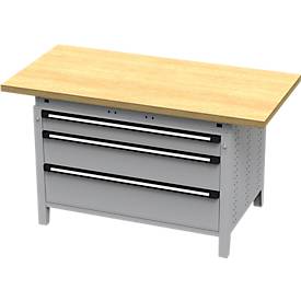 Otto Kind Breitfachwerkbank Typ 405, Buche Multiplexplatte, bis 1.200 kg, B 1524 x T 750 x H 850 mm, Stahl, Zentralverschluss, weißaluminium/weißaluminium