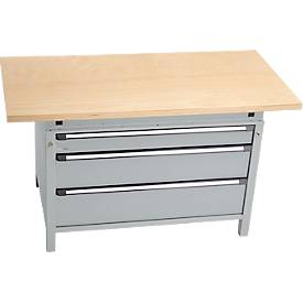 Otto Kind Breitfachwerkbank Typ 405, Buche Multiplexplatte, bis 1.200 kg, B 1524 x T 750 x H 850 mm, Stahl, Zentralverschluss, weißaluminium/weißaluminium