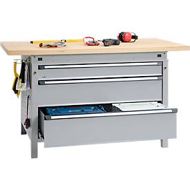 Otto Kind Breitfachwerkbank Typ 405, Buche Multiplexplatte, bis 1.200 kg, B 1524 x T 750 x H 850 mm, Stahl, Zentralverschluss, weißaluminium/weißaluminium