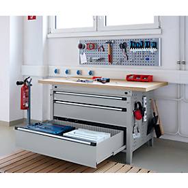 Otto Kind Breitfachwerkbank Typ 405, Buche Multiplexplatte, bis 1.200 kg, B 1524 x T 750 x H 850 mm, Stahl, Zentralverschluss, weißaluminium/weißaluminium