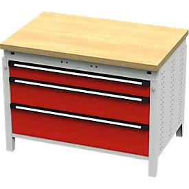 Otto Kind Breitfachwerkbank Typ 410, Buche Multiplexplatte, bis 1.200 kg, B 1152 x T 750 x H 850 mm, Stahl, Zentralverschluss, lichtgrau/feuerrot