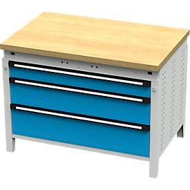 Otto Kind Breitfachwerkbank Typ 410, Buche Multiplexplatte, bis 1.200 kg, B 1152 x T 750 x H 850 mm, Stahl, Zentralverschluss, lichtgrau/lichtblau